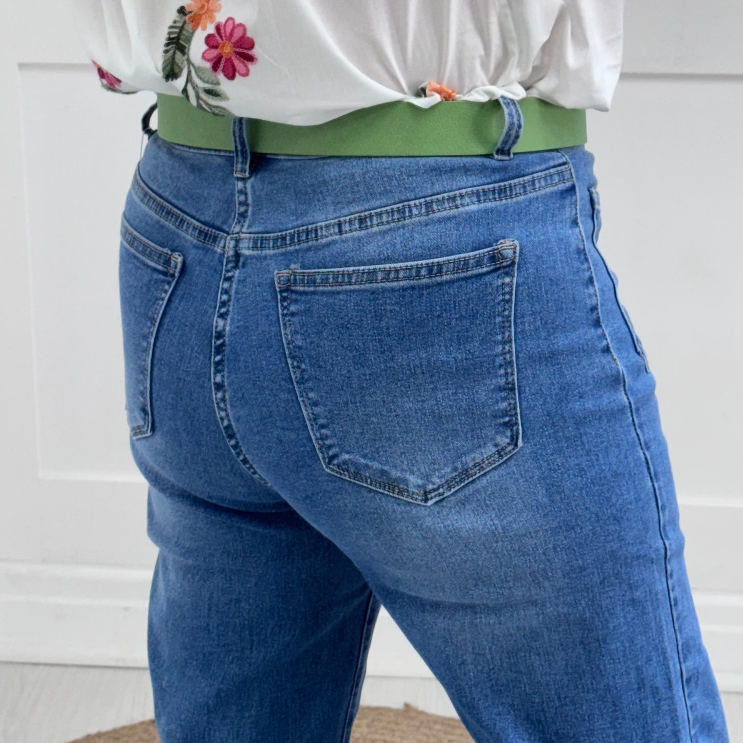 Ava: Mid blue wide leg pocket jeans. Sizes: 8-16