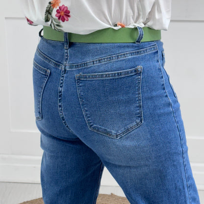 Ava: Mid blue wide leg pocket jeans. Sizes: 8-16