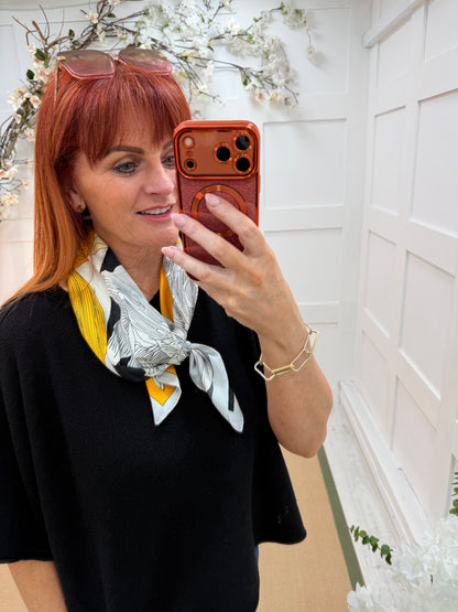 Iris: Yellow & black iris flower printed silky neck scarf