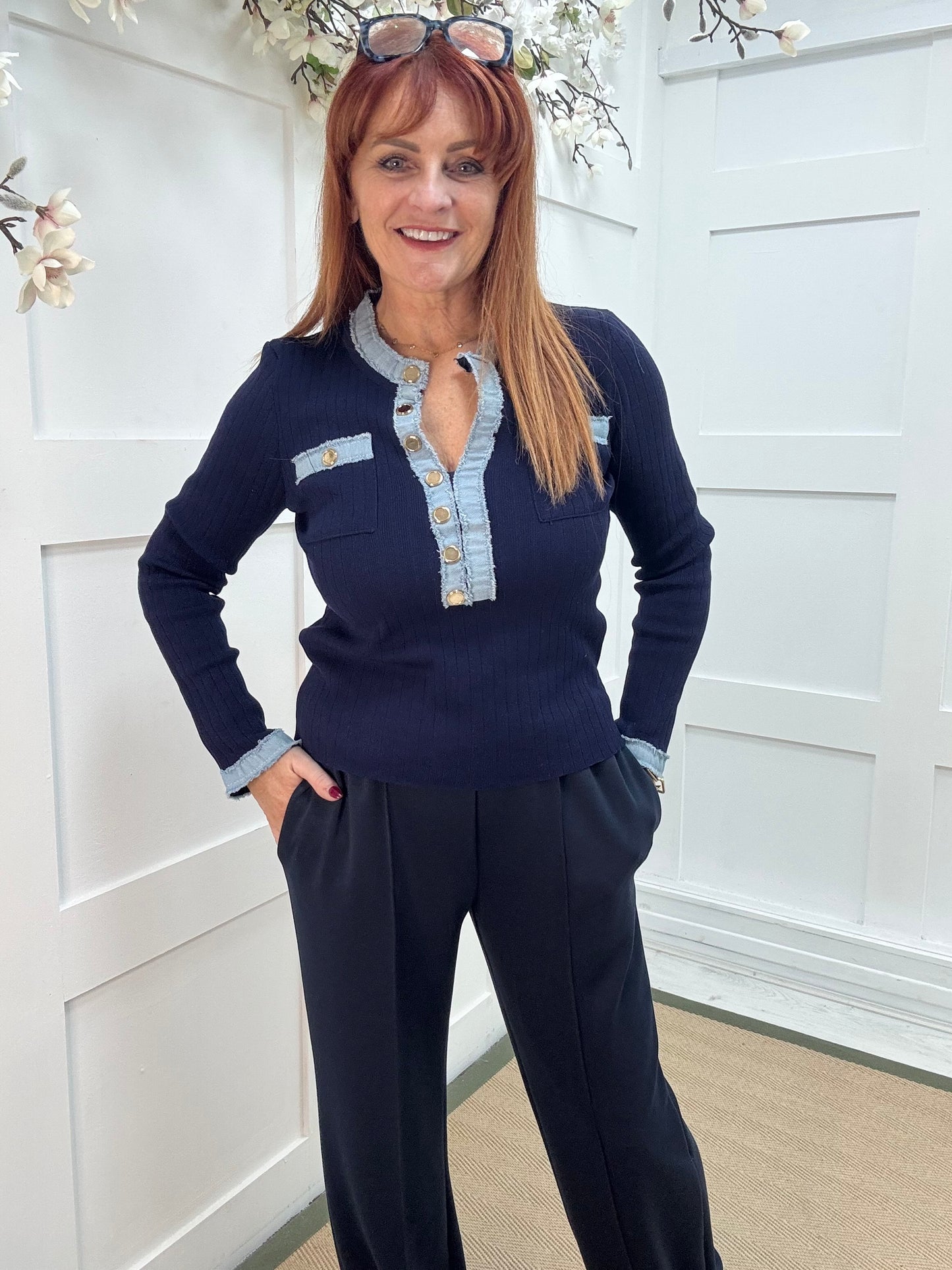 Harley: Navy blue & denim long sleeve top. One Sz: 10-16