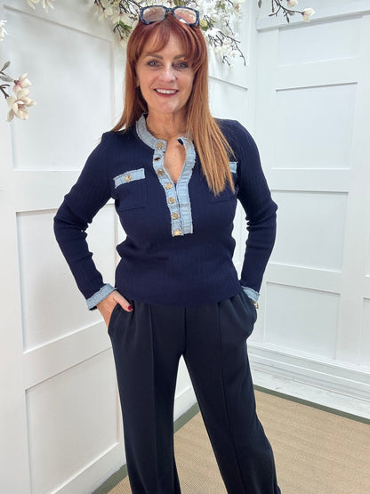 Harley: Navy blue & denim long sleeve top. One Sz: 10-16