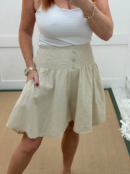 Mattie: Shirred waist wide leg linen shorts. One Size 8-18. 6 colours