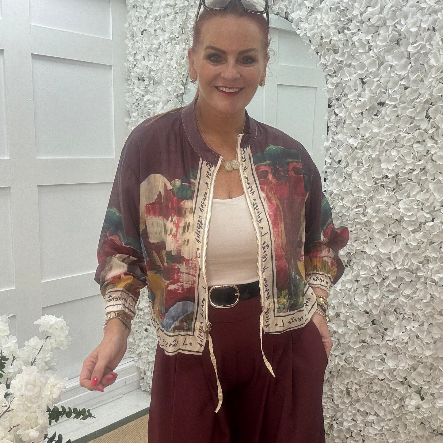 Steph: Silky burgundy Amalfi printed bomber jacket. One size: 8-18