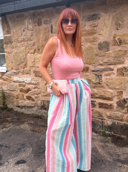 Suzie: Wide leg stripe trousers with pockets. One size: 10-16. 2 colours