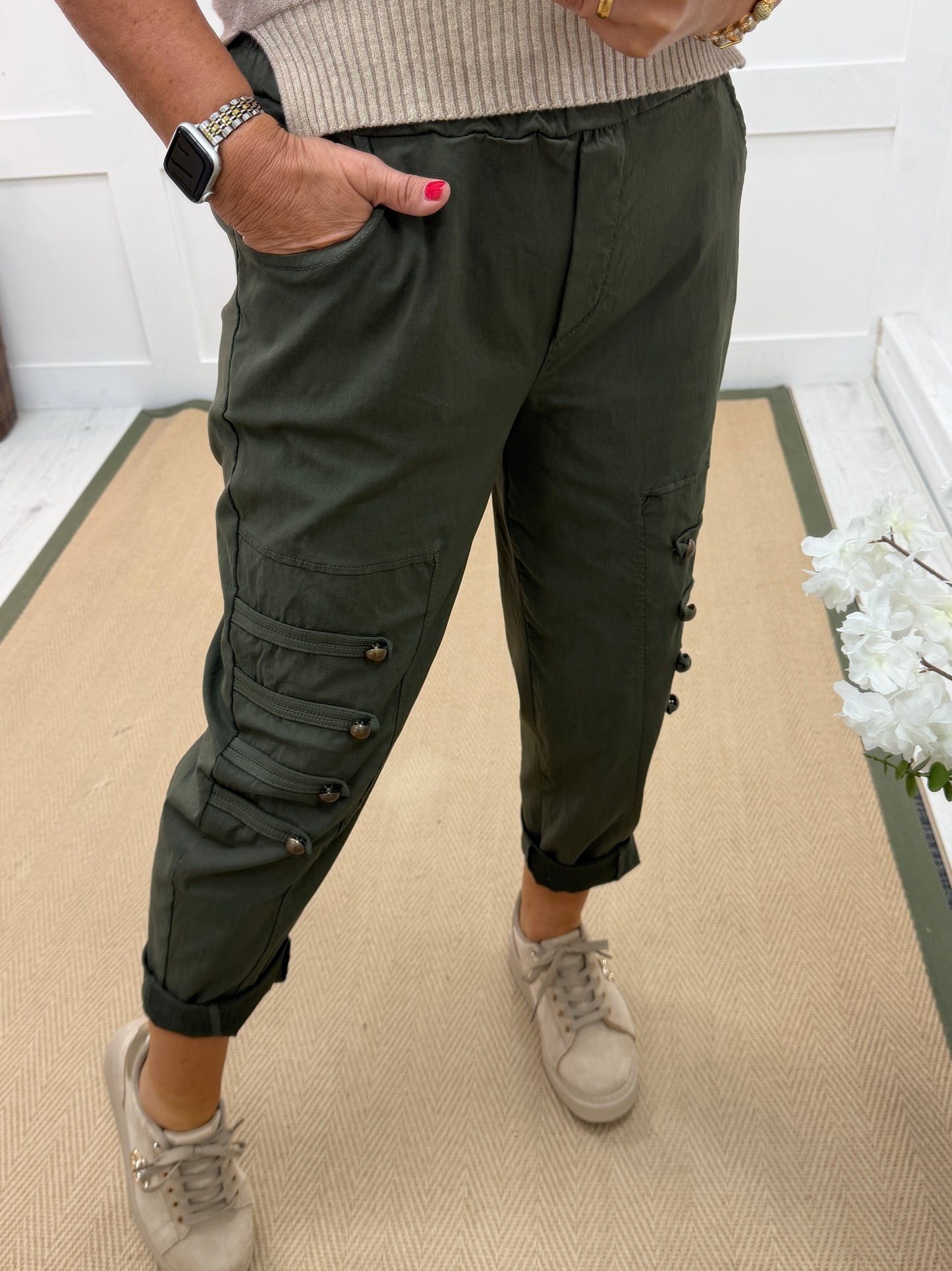 Mika: Stretchy military button detail magic trousers. One size 14-18. 3 colours