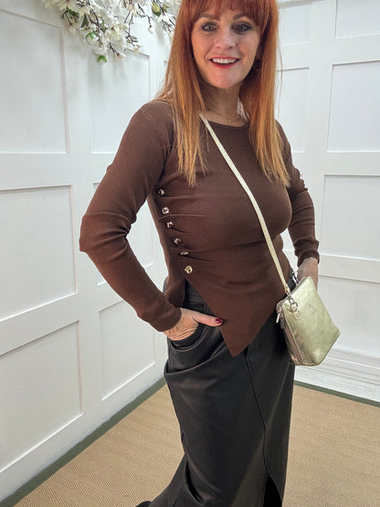 Audra: Brown ruched gold button top. 2 sizes