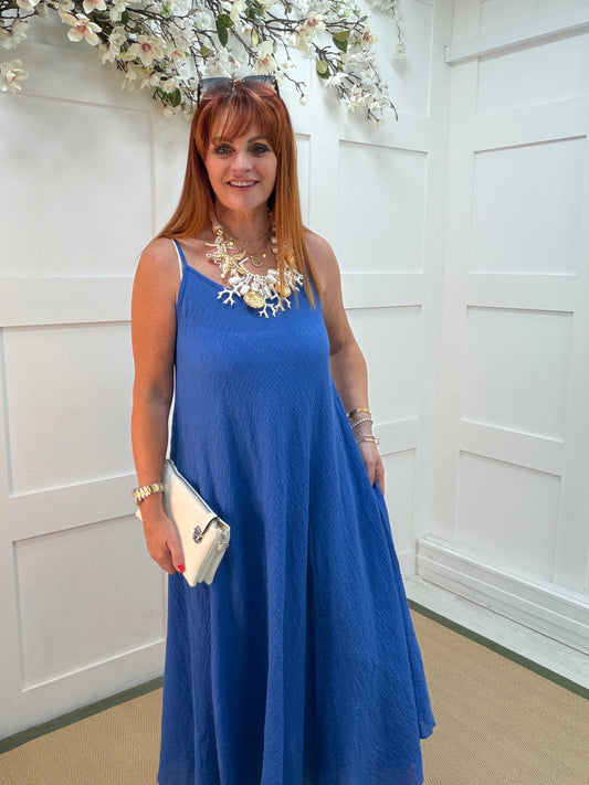 Lizzie: Spaghetti strap crinkle cotton maxi dress. One size: 12-16. 4 colours