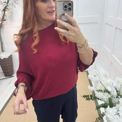 Sierra: Burgundy batwing fluted sleeve knitted top. One Size 12-18/20