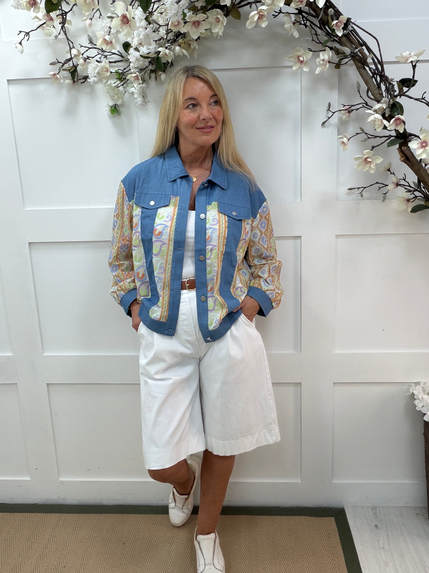Jayla: Paisley embroidered denim shacket. One size: 14-20