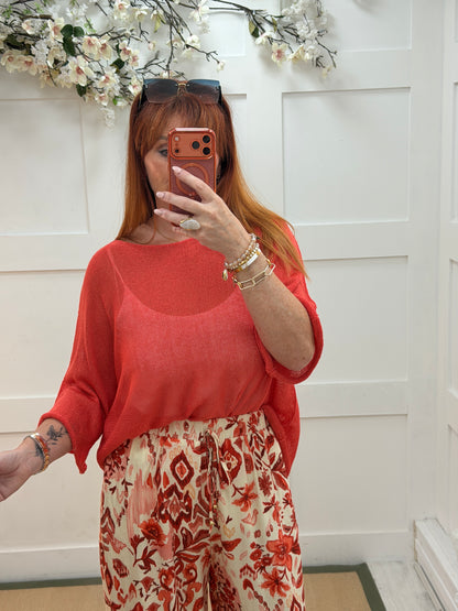 Ruby: Coral floral print wide leg trousers. 4 sizes