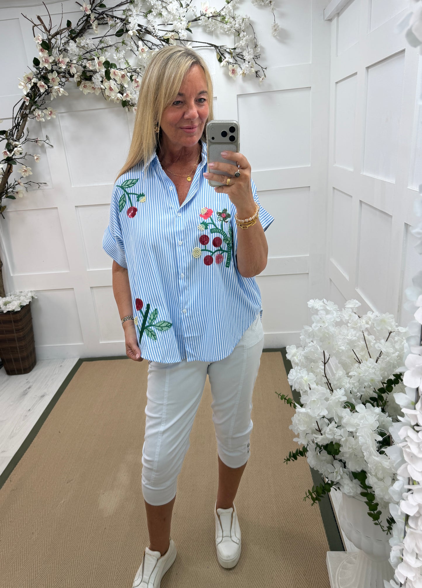 Beau: Blue stripe floral sequin embellished shirt. One size: 14-20