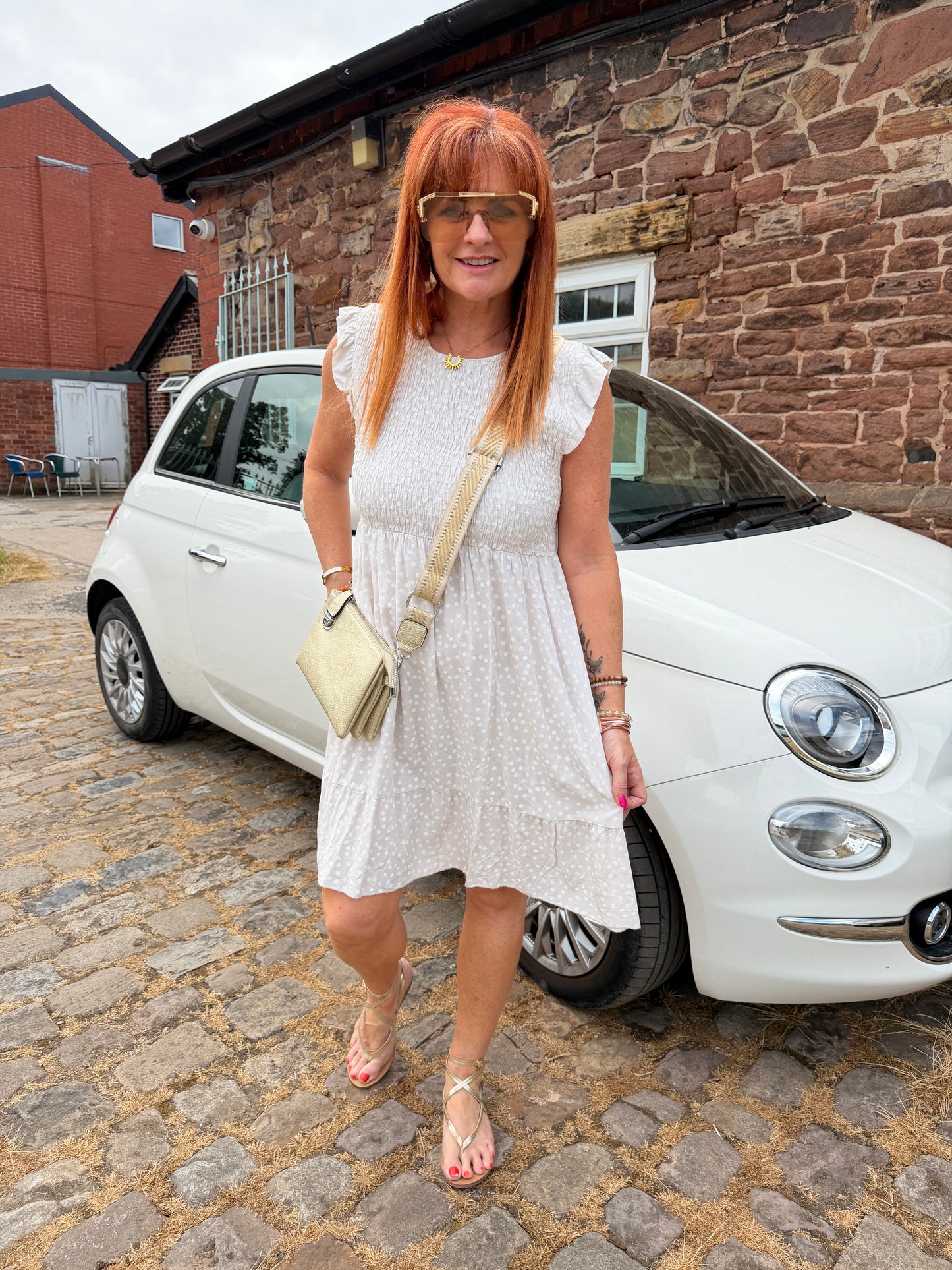 Fern: Spotty shirred short dress. One size 10-16. 4 colours