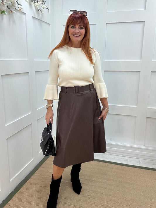 Kendra: Brown faux leather belted skirt. One size: 8-12