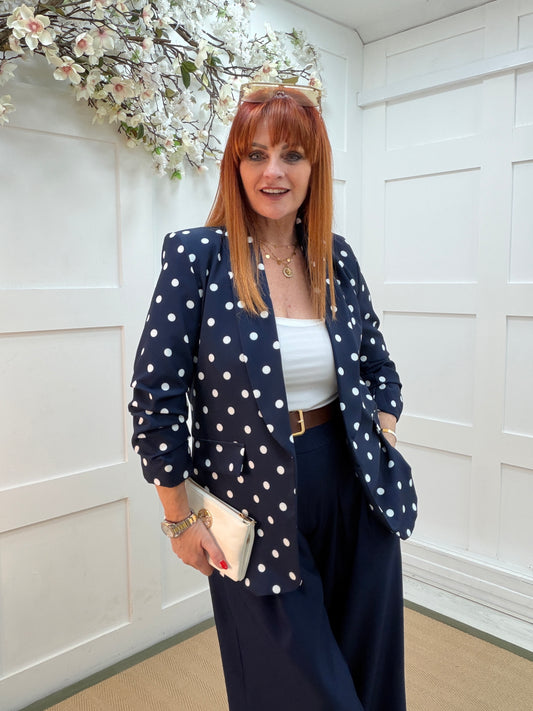 Binnie: Navy & white polka dot ruched sleeve blazer. Sizes 10-18