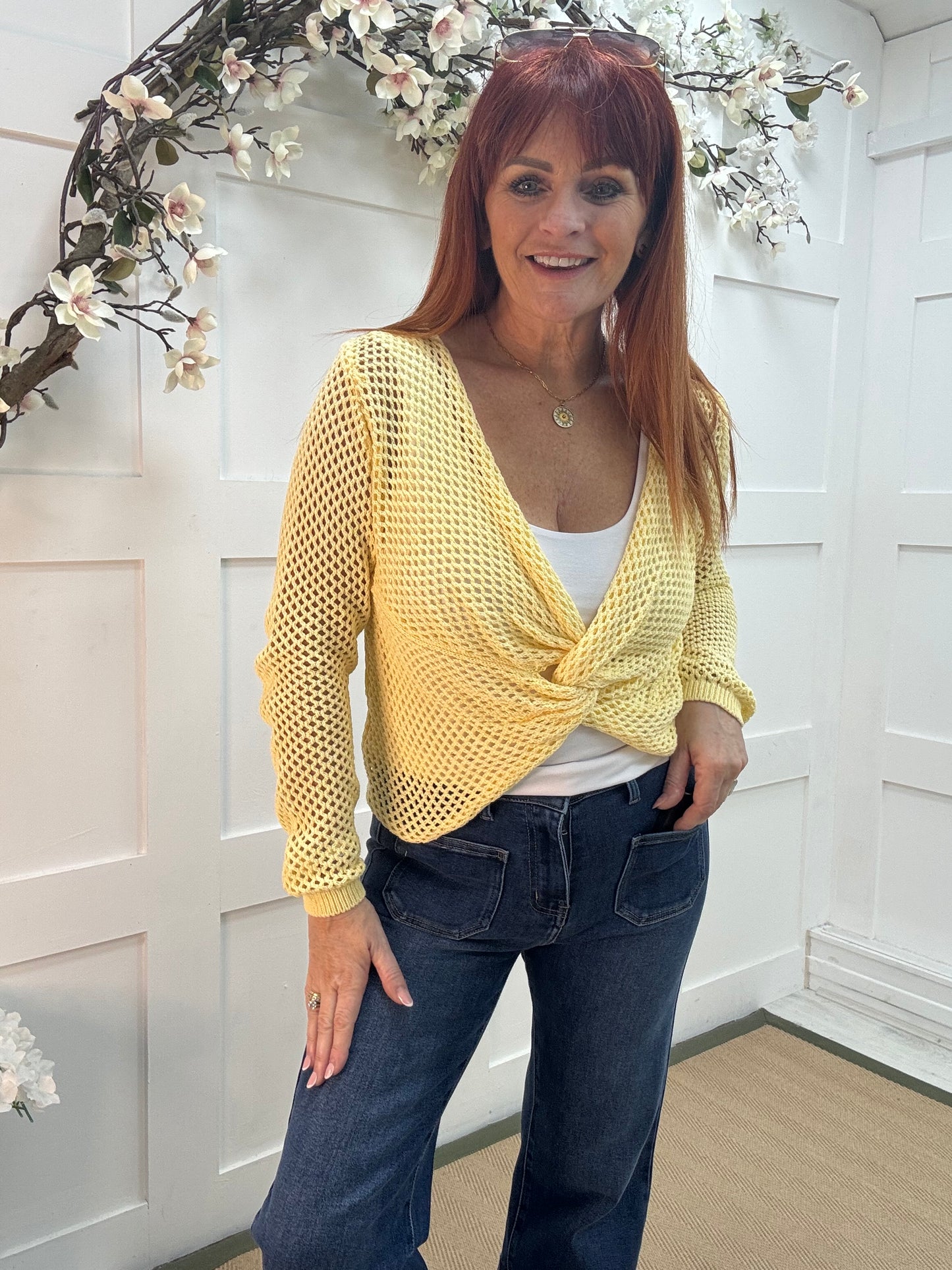 Kiera: Lemon open knit knot top. One size: 12-16