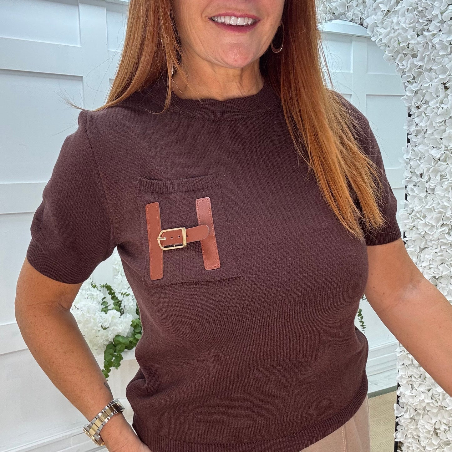 Harley: Brown H logo knit top. One size: 10-16