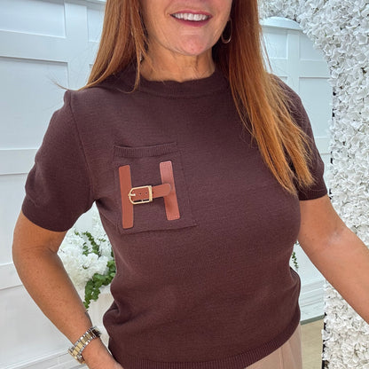 Harley: Brown H logo knit top. One size: 10-16