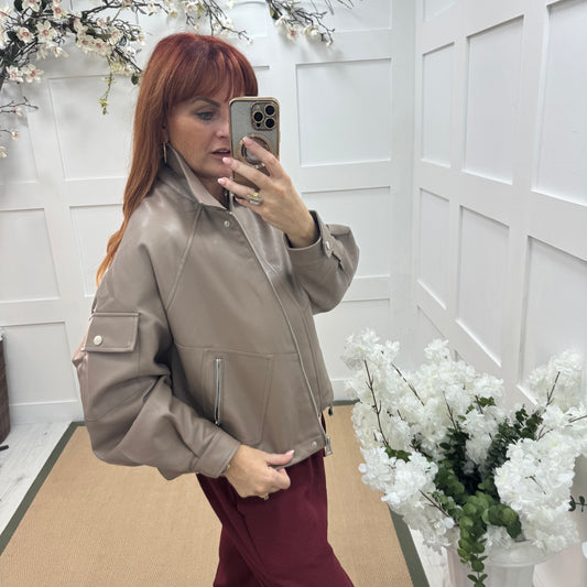 Bobbie: Mocha oversized faux leather bomber jacket. 2 sizes