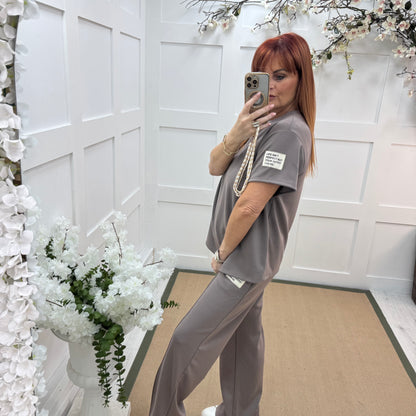 Dulce: Taupe top & trouser co-ord set. One size: 12-16/18