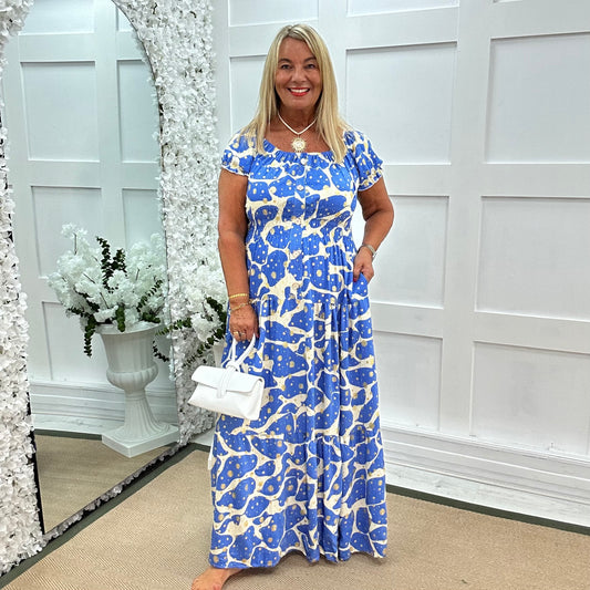 Elsa: Blue & cream stretchy bardot maxi dress. One size: 12-20
