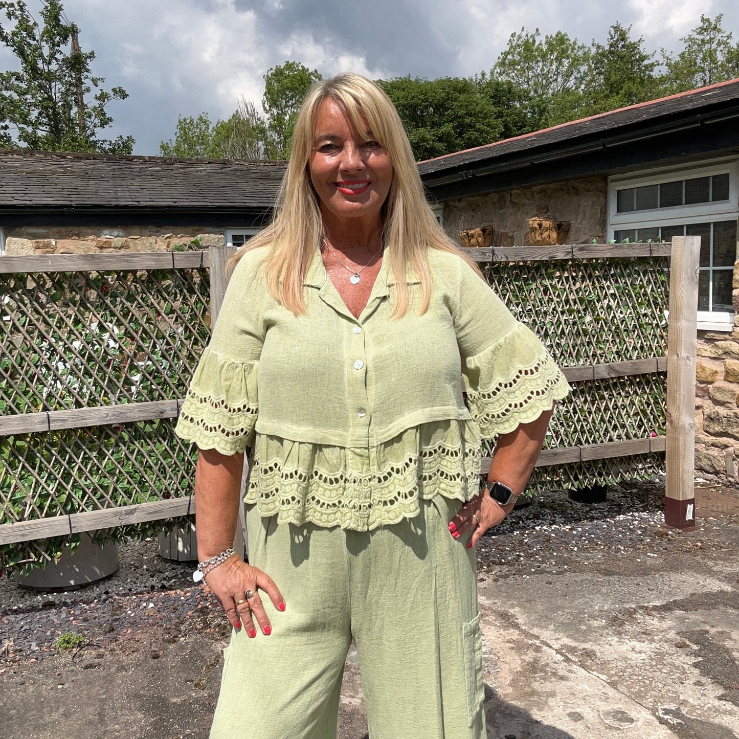 Mitzi: Apple green hop sack Broderie Anglaise top . One size: 12-18/20