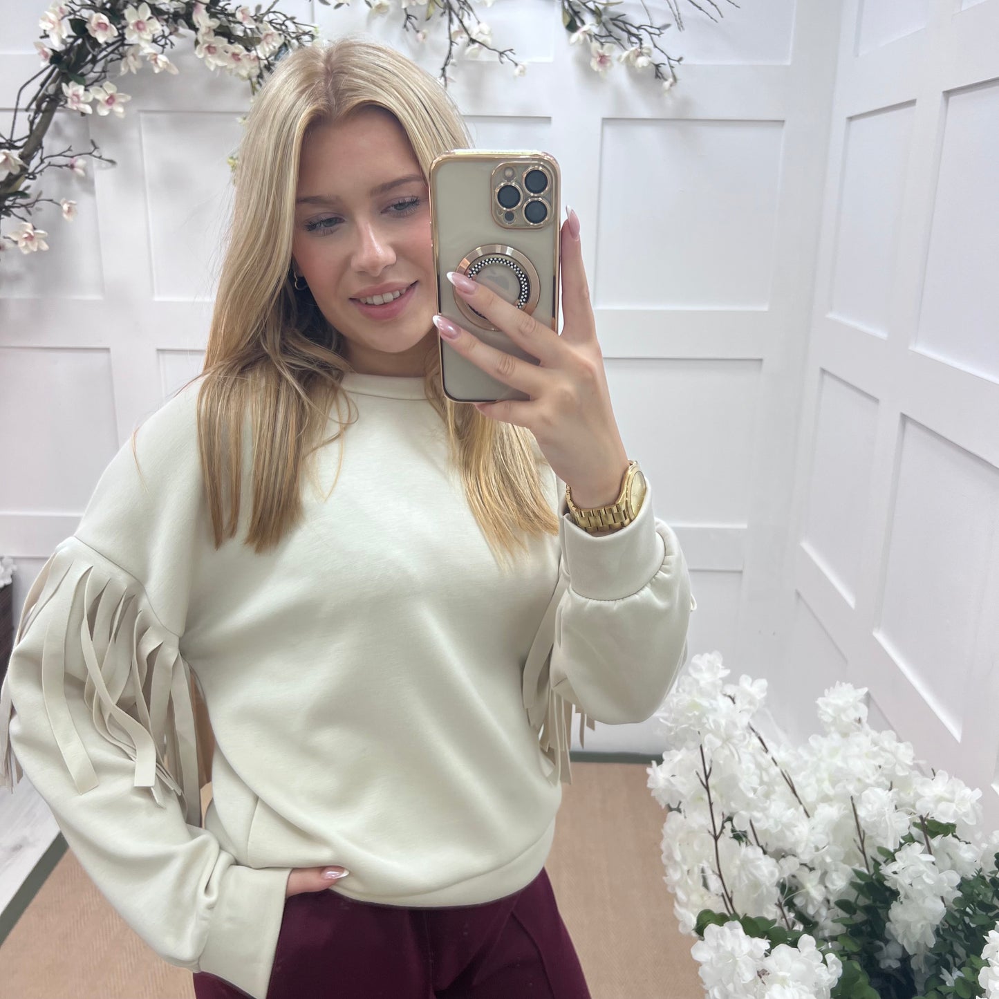 Athens: Cream short tassel sweatshirt. One size: 10-16