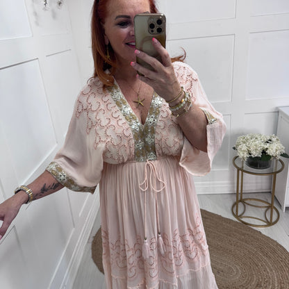 Zara: Peach embroidered maxi dress. One size: 12-18