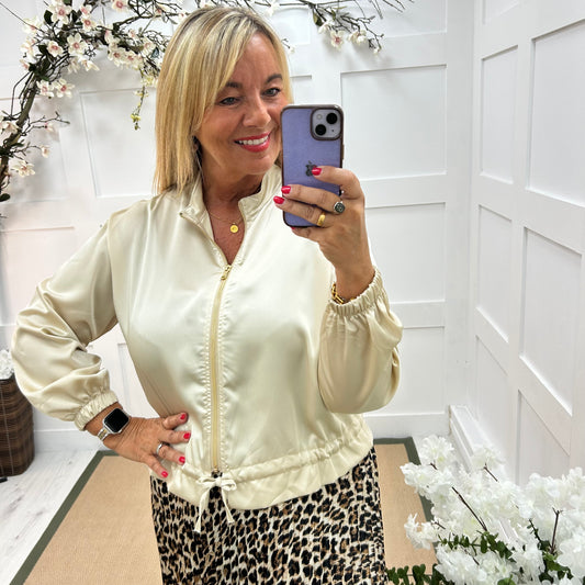 Gigi: Silky gold bomber jacket. One size: 12-18
