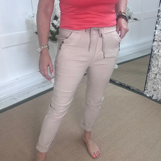 Betsy: Stretchy cream button magic trousers. One size: 10-14