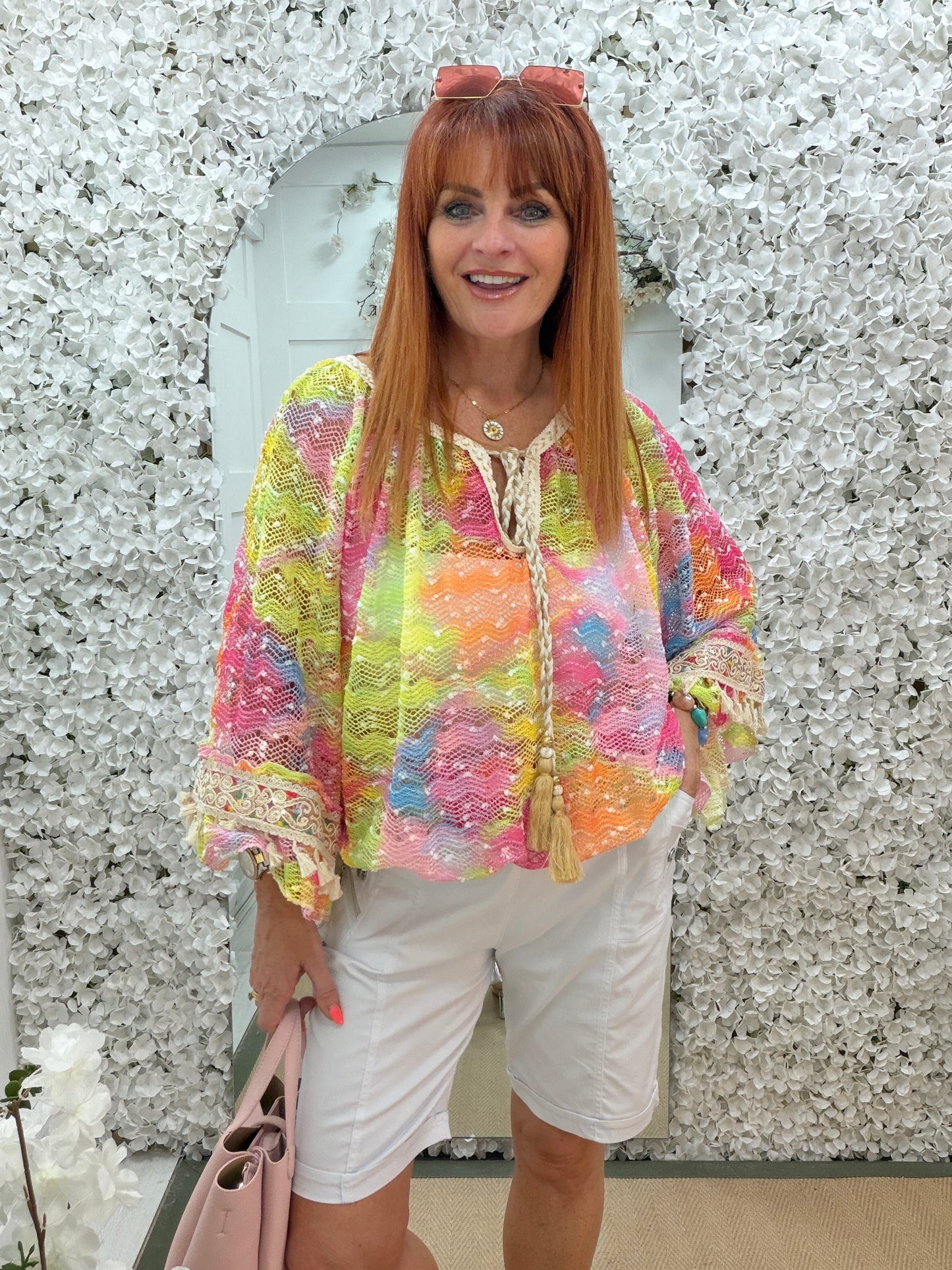 Melissa: Multicoloured bardot style gypsy top. One Sz: 12-18