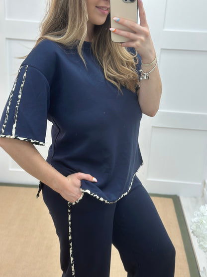 Malka: Navy leopard print stripe loungewear set. One size: 12-18