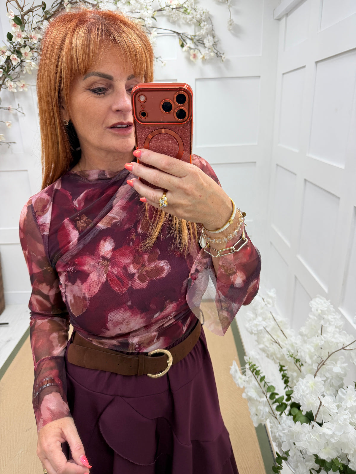 Finty: Floral patterned lined mesh top. One size: 8-12. 2 colours