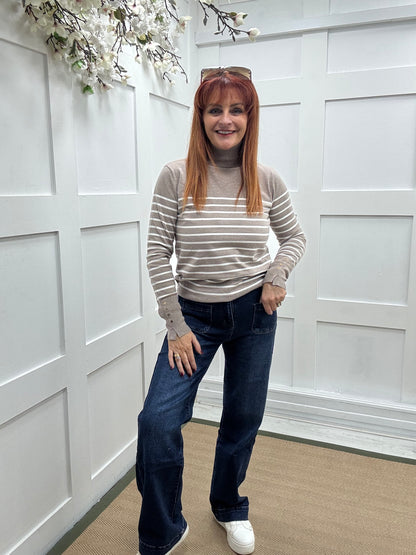 Karina: Mocha & white striped polo neck top. One size 10-14