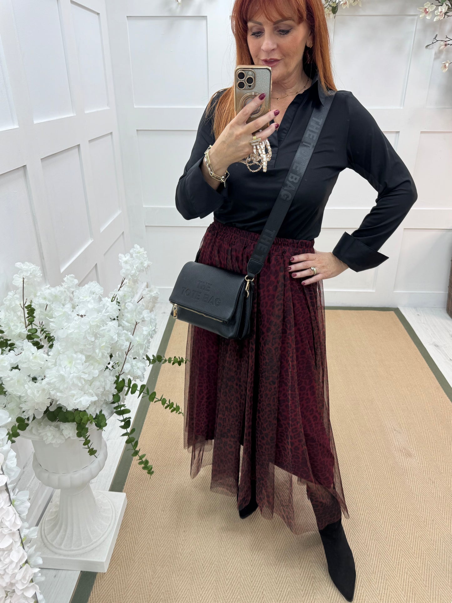 Maeve: Burgundy leopard print tulle net midi skirt. One size 12-20