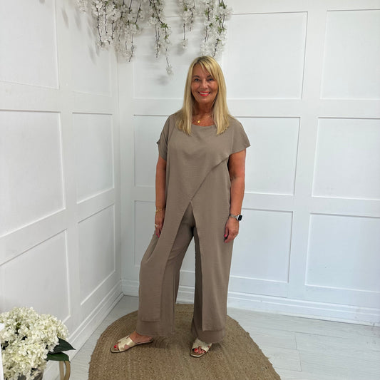 Jodie: Mocha longline wide leg co-ord set. One size: 14-18