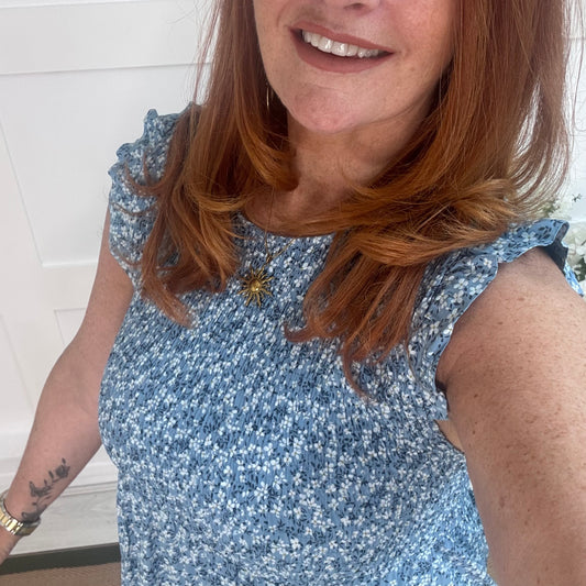 Fern: Denim blue ditsy floral stretchy short dress. One size 8-16