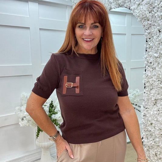 Harley: Brown H logo knit top. One size: 10-16