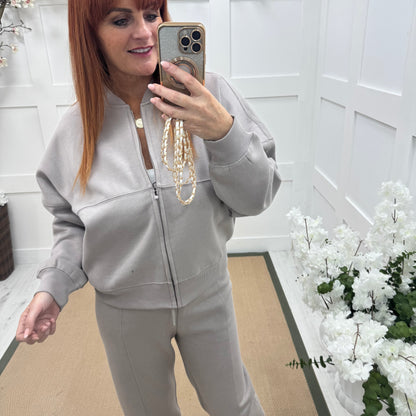 Ginny: Taupe bomber jacket & trouser set. Sizes: 8-14
