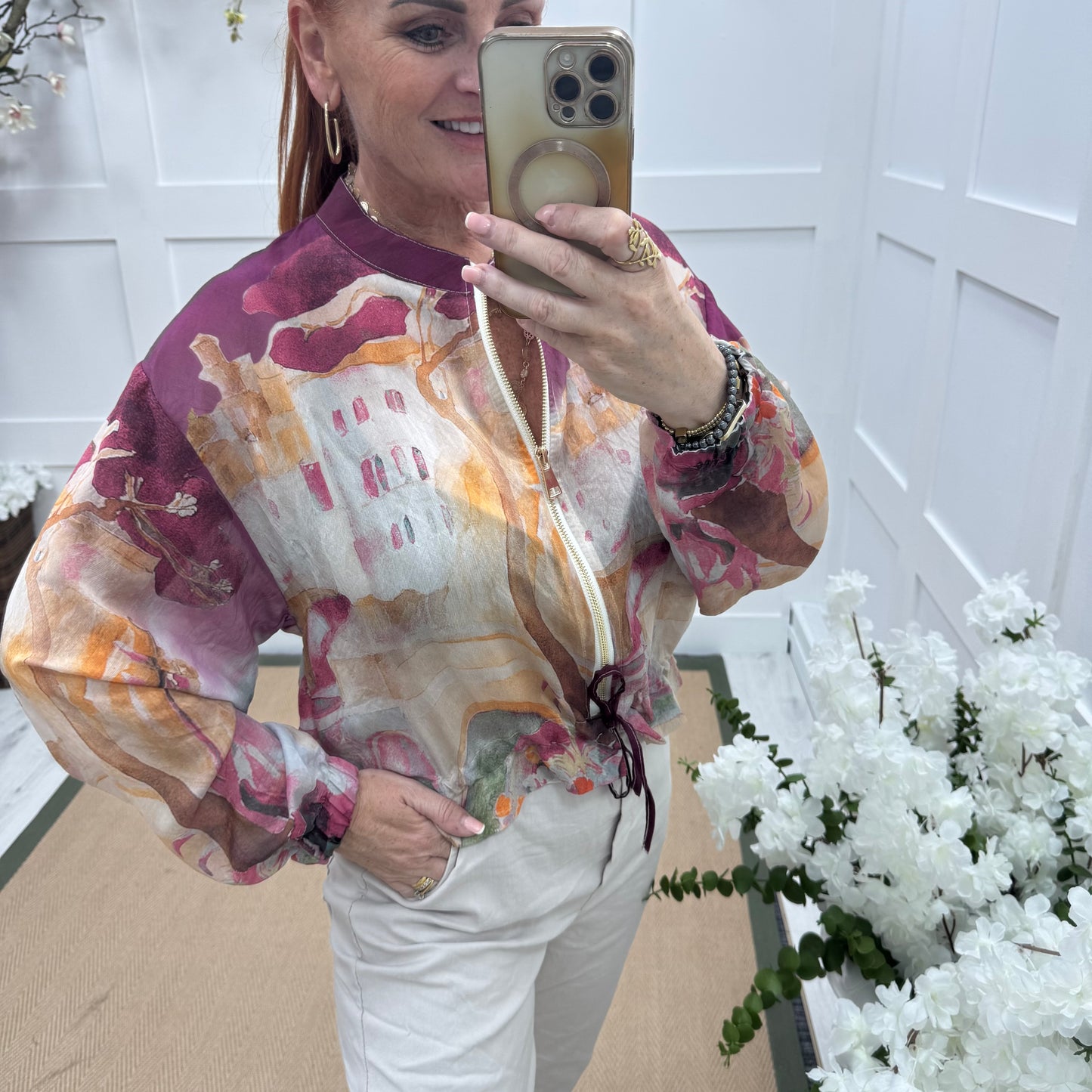 Sutton: Silky burgundy tree printed bomber jacket. One size: 8-18