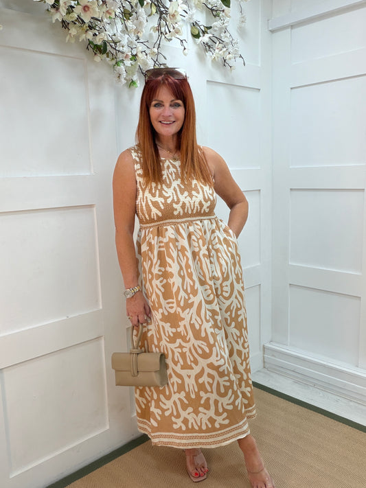 Dolly: Sand & ivory coral sleeveless maxi dress. 2 sizes.