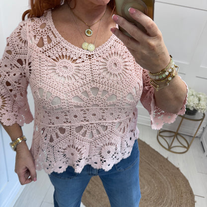 Ellie: Pink fluted arm crochet top & vest. One size: 10-16