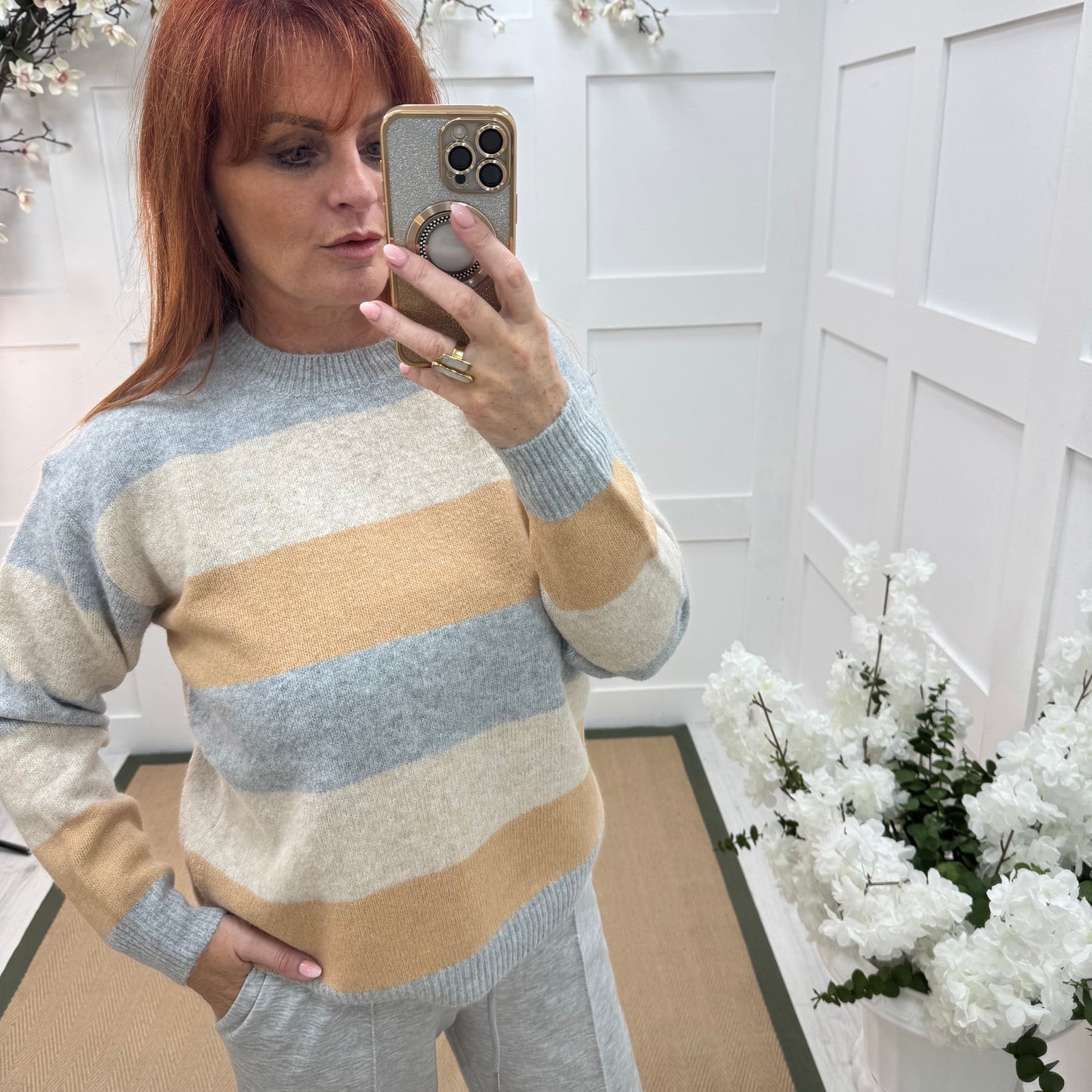 Minty: Beige stripe soft knit top. One size 10-18