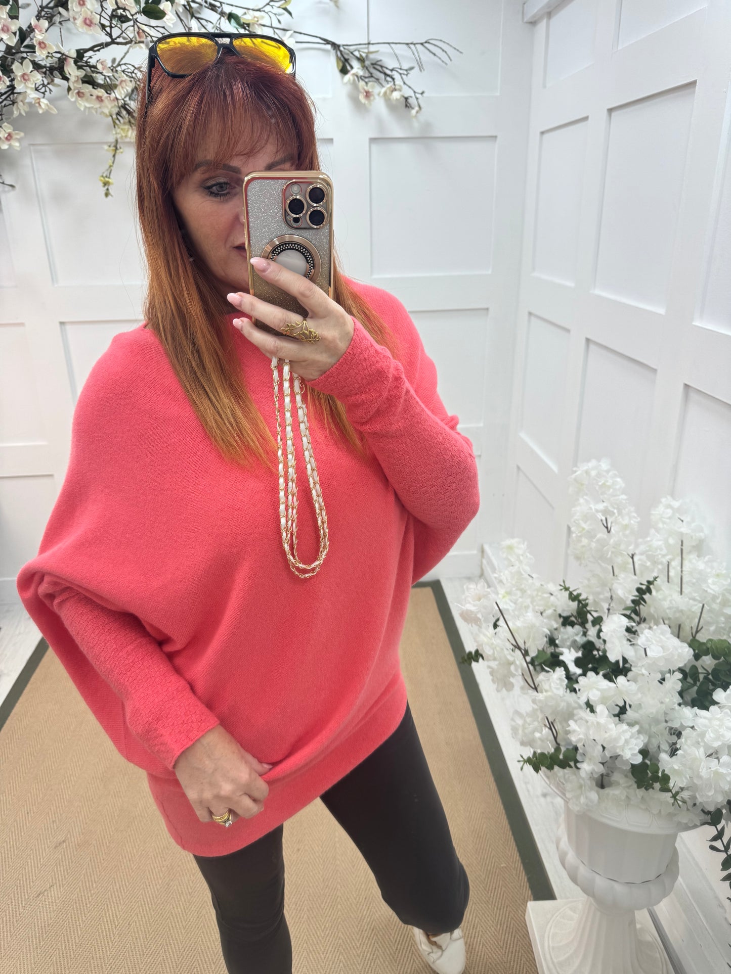 Erica: Watermelon pink asymmetrical slouch soft knit top. One size 10-18