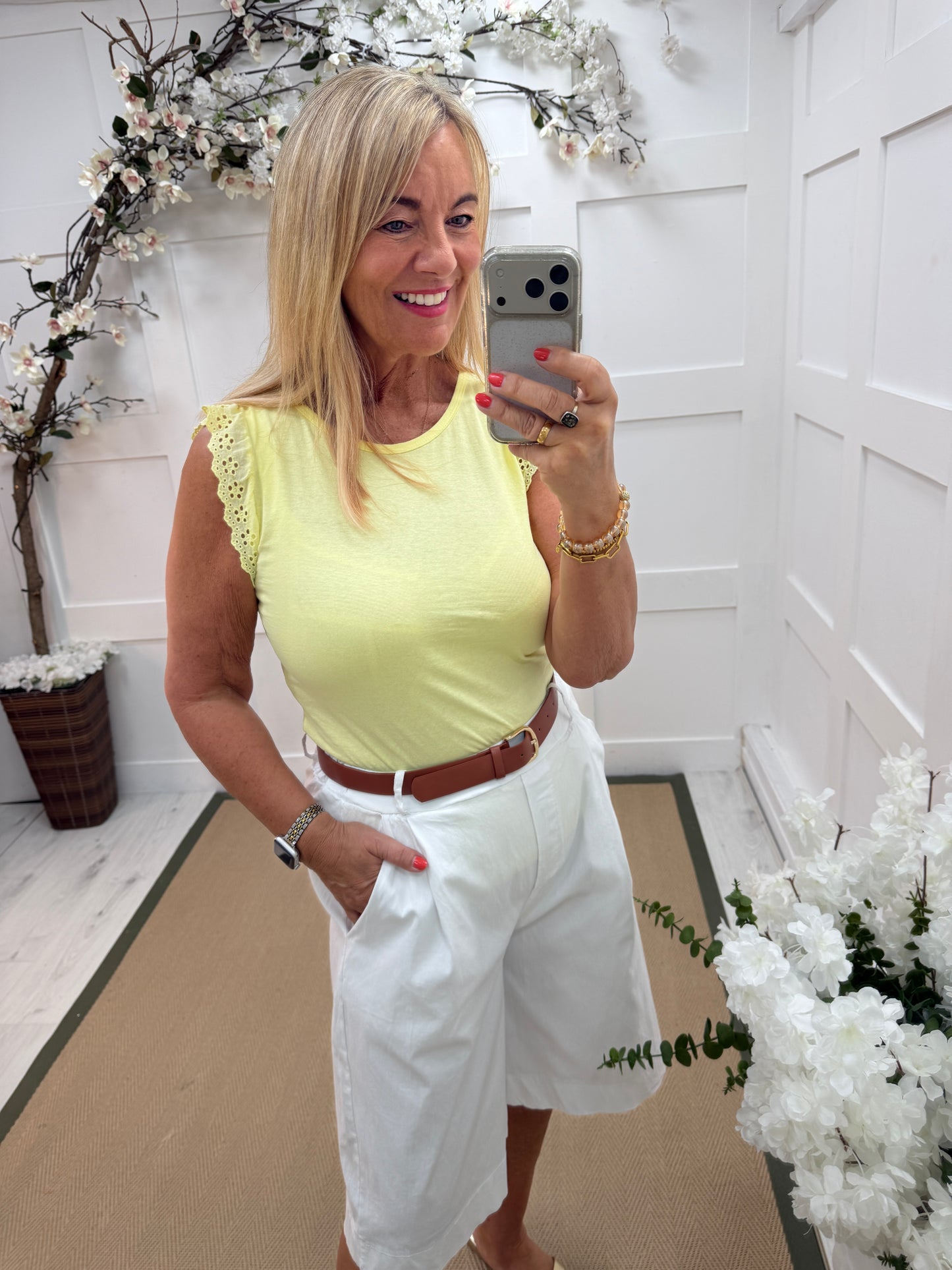 Kiki: Broderie anglaise flutter sleeve top. One size: 10-16. 3 colours