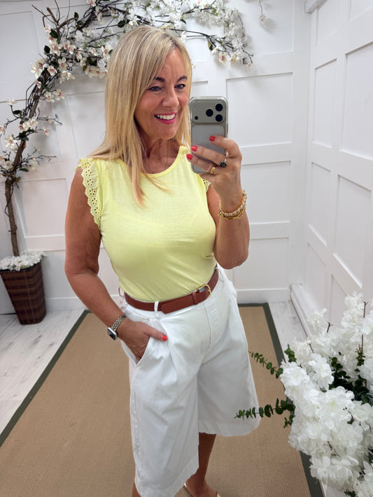 Kiki: Broderie anglaise flutter sleeve top. One size: 10-16. 3 colours
