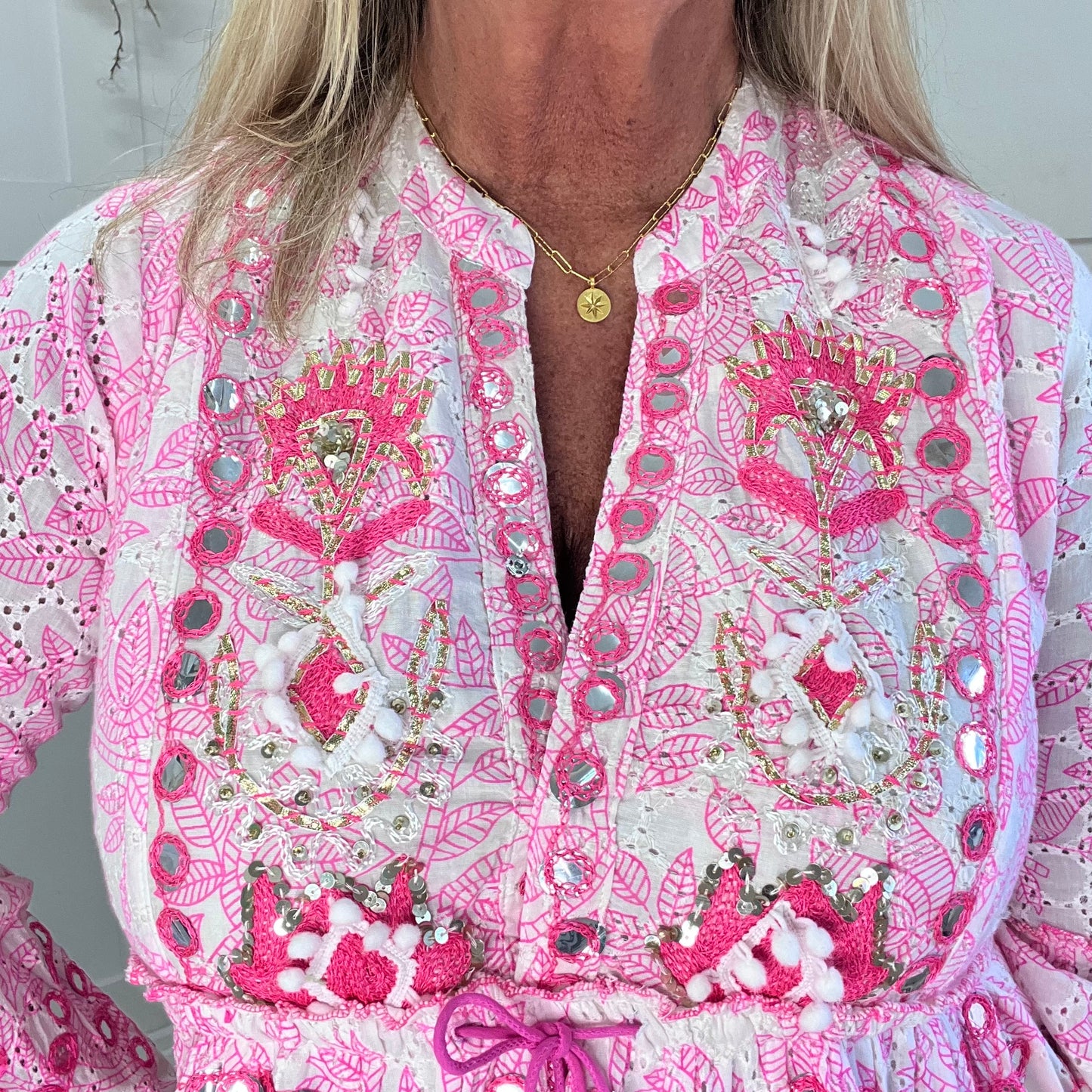 Skylar: Neon pink short embroidered sequin dress. One size: 12-18