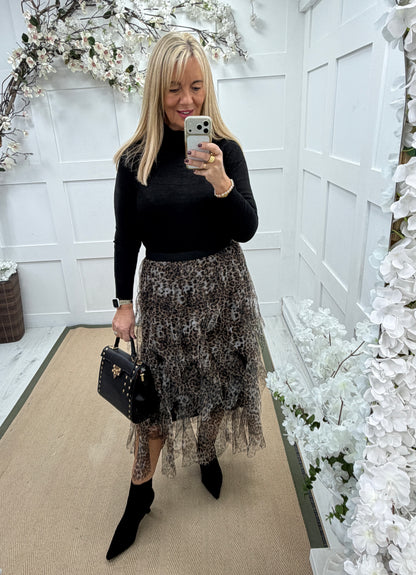 Teagan: Leopard print tulle layered maxi skirt. One size: 12-18