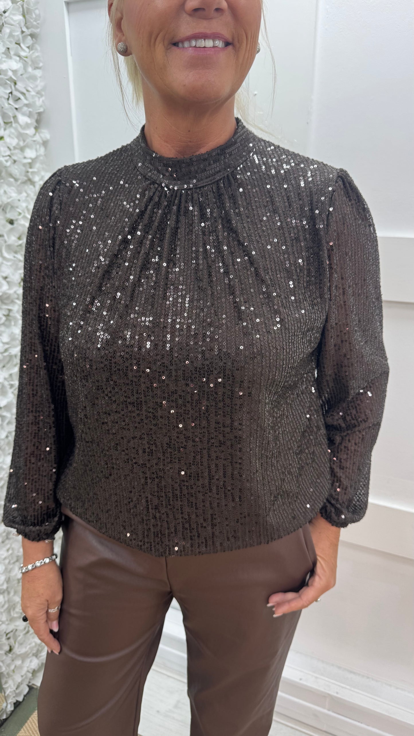 Mia: Brown high neck sequin top. One size: 10-16