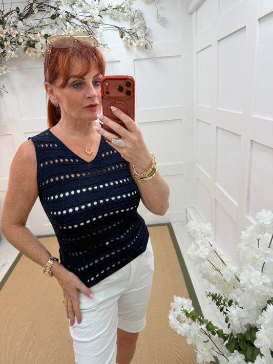 Harlow: Sleeveless holey top. One Sz: 10-16. 3 colours
