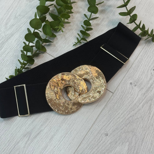 Ellie: Black & gold statementbelt. One size: 8-18